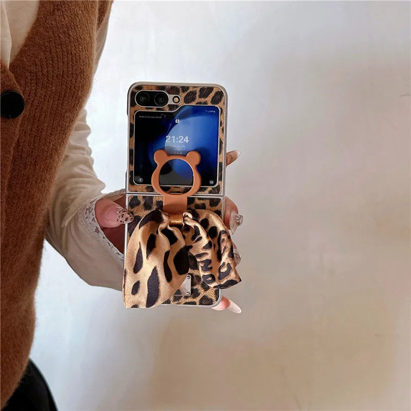 Cute Teddy & Leopard Ring Case for Samsung Galaxy Z Flip - Stylish & Functional