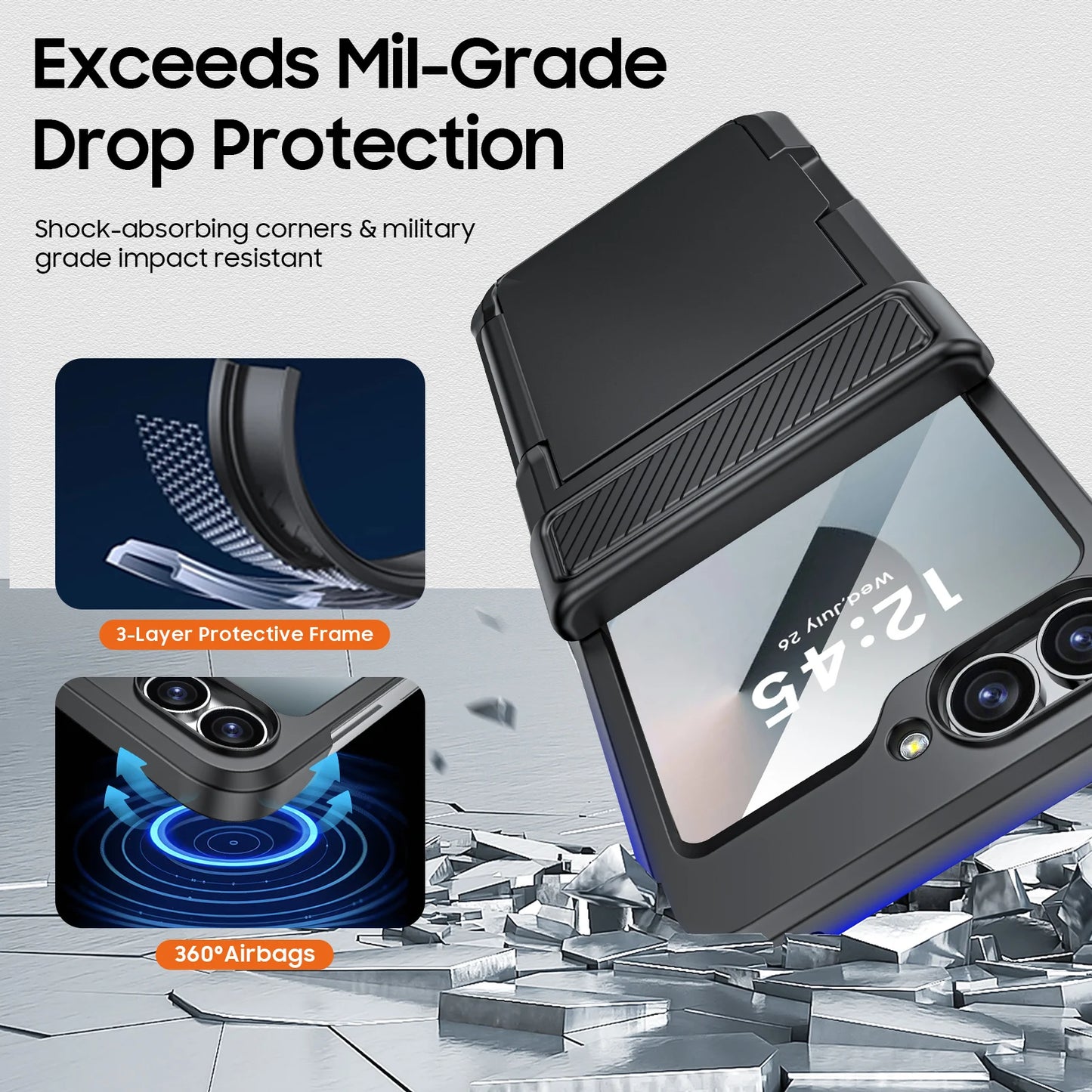 Rugged Shockproof Case with Built-In Screen Protector for Samsung Galaxy Z Flip 6 | Wireless Charging Compatible