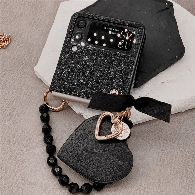 Luxury Bling Glitter Sequins Phone Case For Samsung Galaxy Z Flip 3 Portable Beads Bracelet Heart Pendant Cover For Women