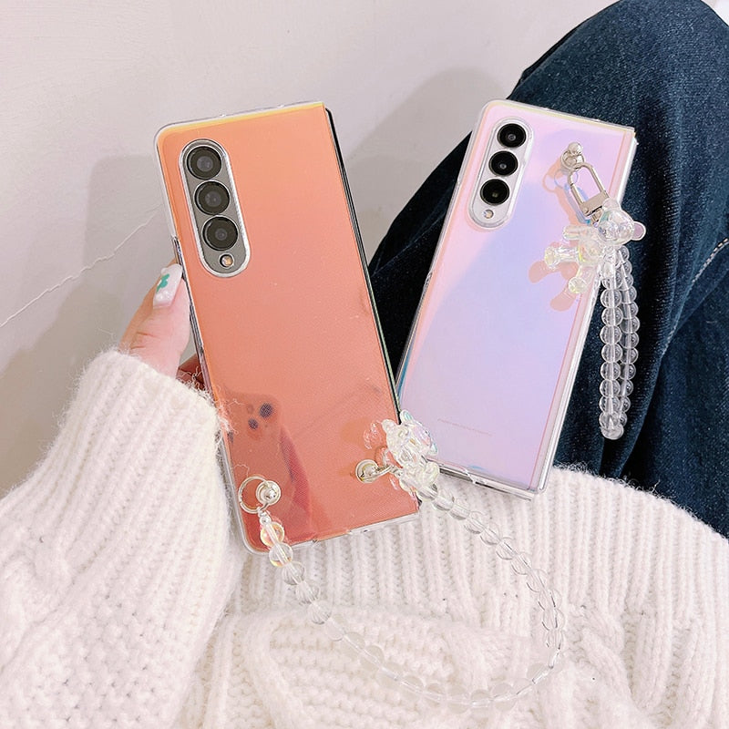 Portable Bead Chain With Cute 3D Crystal Bear Pendant Phone Case For Samsung Galaxy Z Fold 3 5G