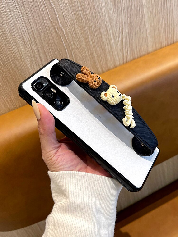Cartoon Sweet Rabbit Bear White Leather Case With Wristband For Samsung Galaxy Z Fold 3 5G,