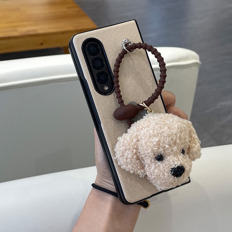 Cute Plush Teddy Dog Pendant Luxury Leather Phone Case For Samsung Galaxy Z Fold 3