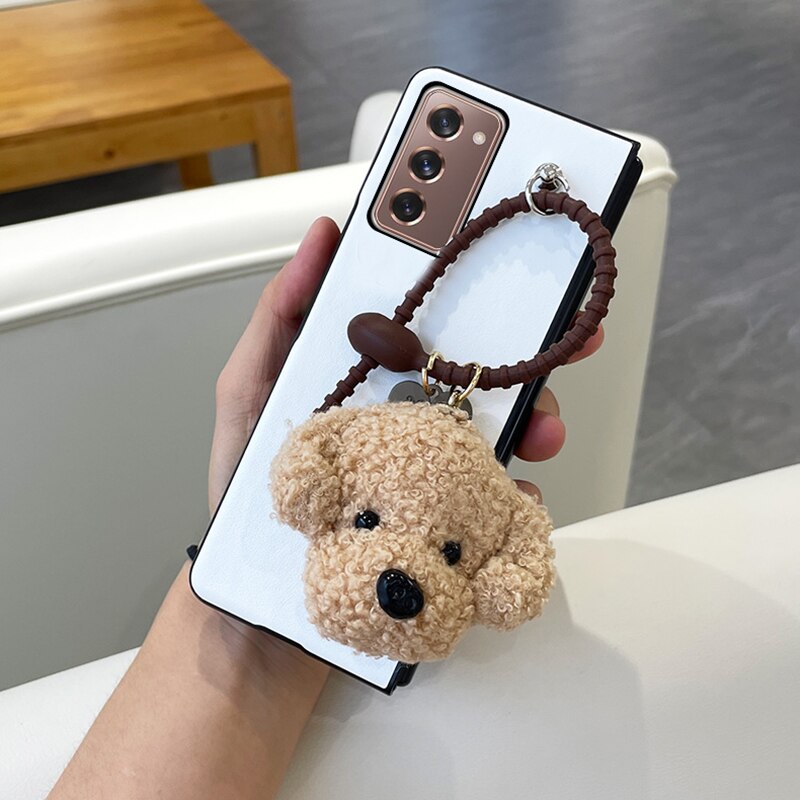Cute Plush Teddy Dog Pendant Luxury Leather Phone Case For Samsung Galaxy Z Fold 3