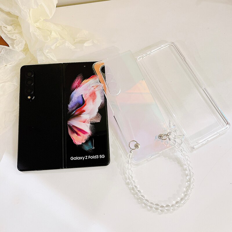 Portable Bead Chain With Cute 3D Crystal Bear Pendant Phone Case For Samsung Galaxy Z Fold 3 5G