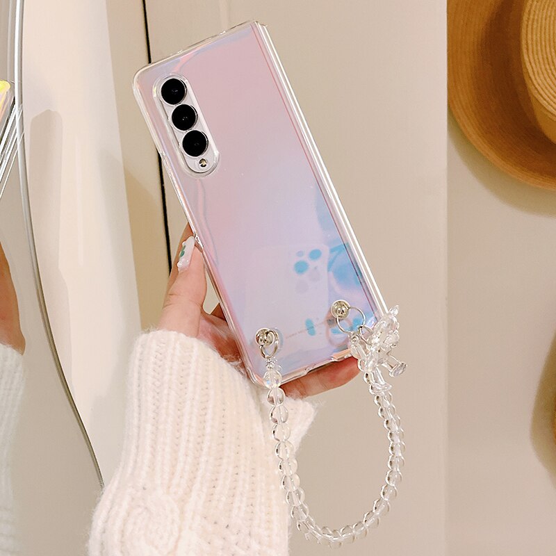 Portable Bead Chain With Cute 3D Crystal Bear Pendant Phone Case For Samsung Galaxy Z Fold 3 5G