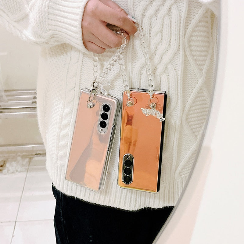Portable Bead Chain With Cute 3D Crystal Bear Pendant Phone Case For Samsung Galaxy Z Fold 3 5G