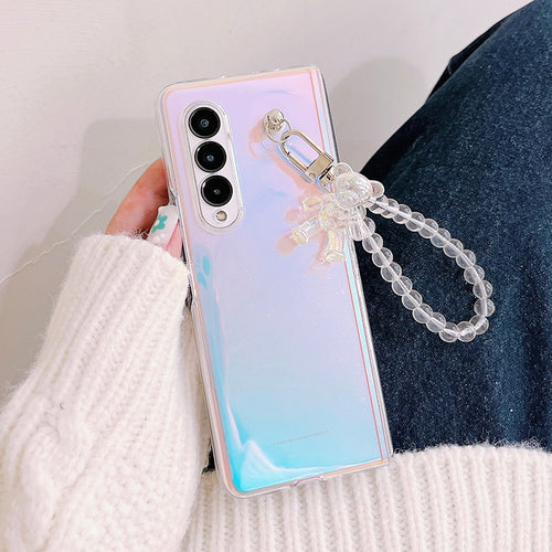Portable Bead Chain With Cute 3D Crystal Bear Pendant Phone Case For Samsung Galaxy Z Fold 3 5G