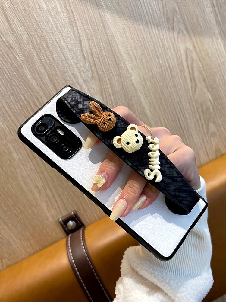 Cartoon Sweet Rabbit Bear White Leather Case With Wristband For Samsung Galaxy Z Fold 3 5G,