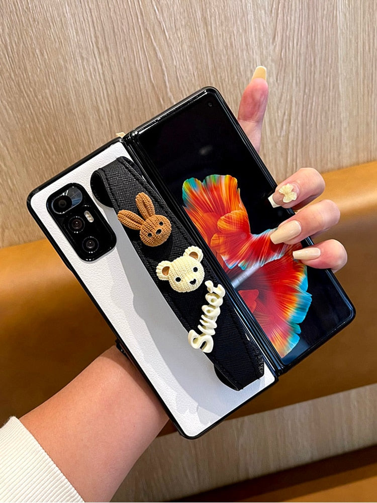 Cartoon Sweet Rabbit Bear White Leather Case With Wristband For Samsung Galaxy Z Fold 3 5G,