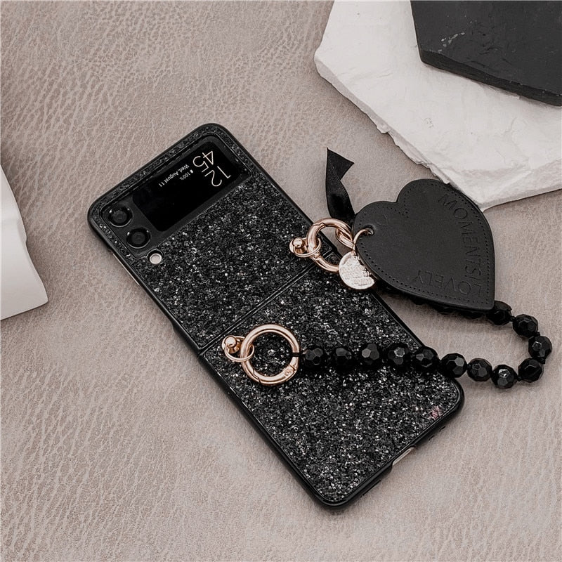 Luxury Bling Glitter Sequins Phone Case For Samsung Galaxy Z Flip 3 Portable Beads Bracelet Heart Pendant Cover For Women