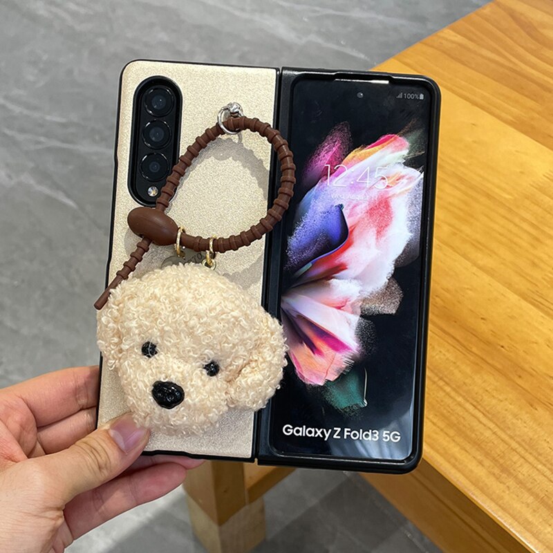 Cute Plush Teddy Dog Pendant Luxury Leather Phone Case For Samsung Galaxy Z Fold 3