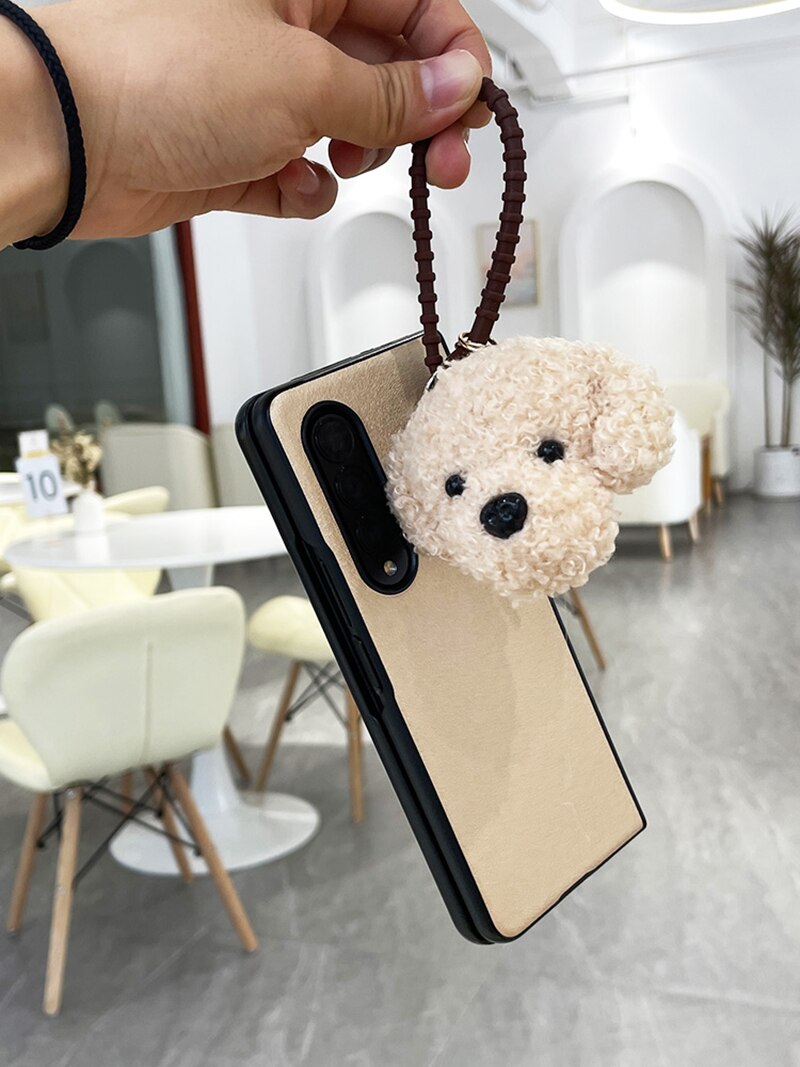 Cute Plush Teddy Dog Pendant Luxury Leather Phone Case For Samsung Galaxy Z Fold 3