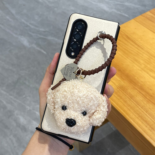 Cute Plush Teddy Dog Pendant Luxury Leather Phone Case For Samsung Galaxy Z Fold 3