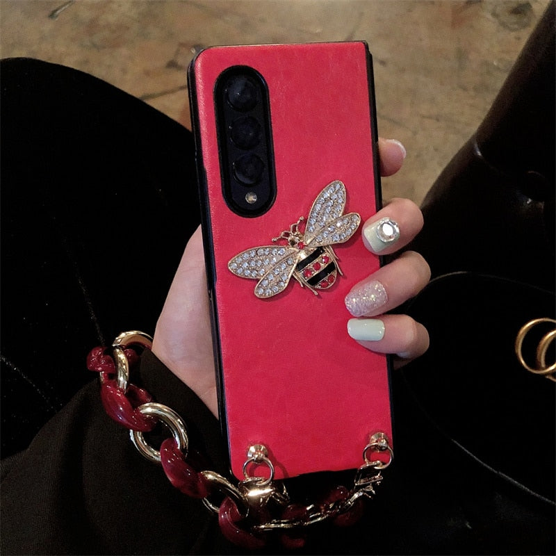Woman Luxury Rhinestone Honeybee PU Leather Phone Case For Samsung Galaxy Z Fold 3 5G