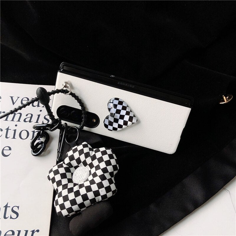 Retro Checkerboard Pattern Crystal Clear Heart PU Leather Phone Case For Samsung Galaxy Z Fold 3