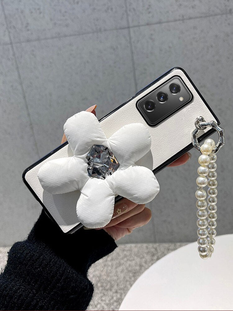 Cartoon Sweet Rabbit Bear White Leather Case With Wristband For Samsung Galaxy Z Fold 3 5G,