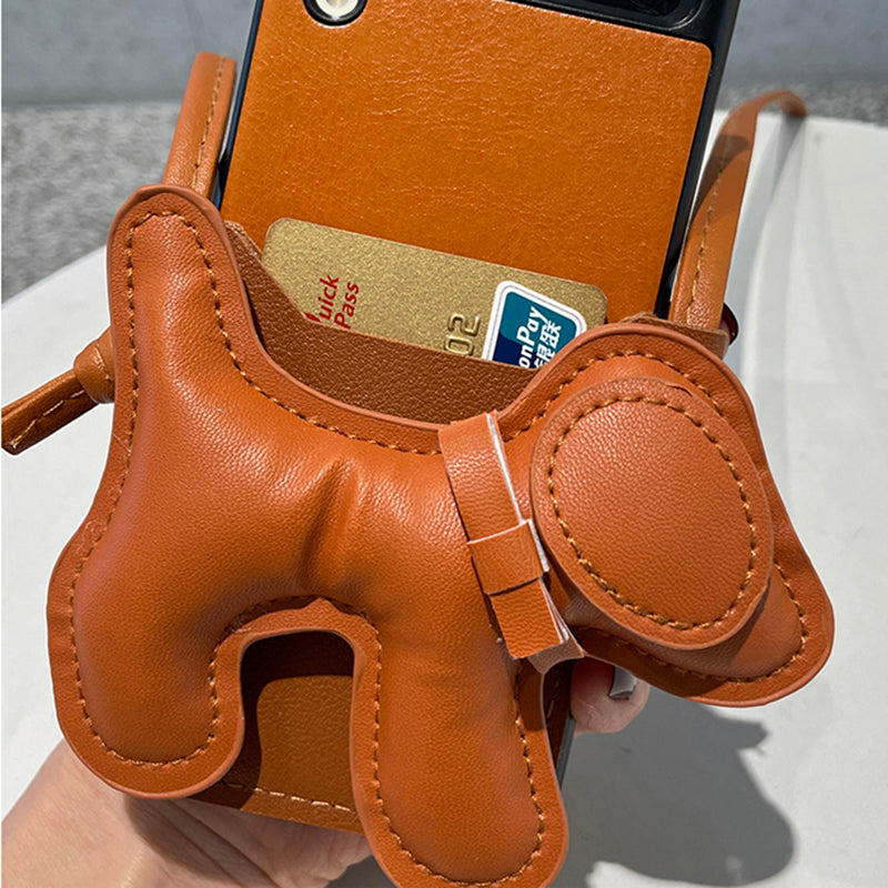 Cute 3D Dog Card Holder PU Leather Phone Case For Samsung Galaxy Z Flip 3 5G Cover with Crossbody Rope