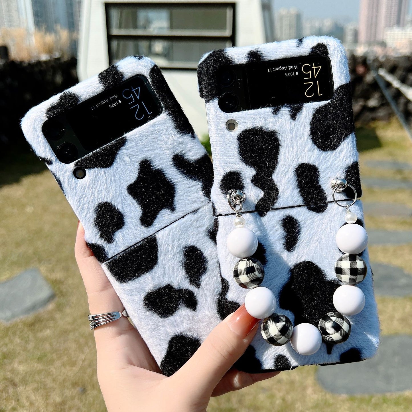 Cute Cow Pattern Chain Phone Case For Samsung Galaxy Z Flip 3 5G