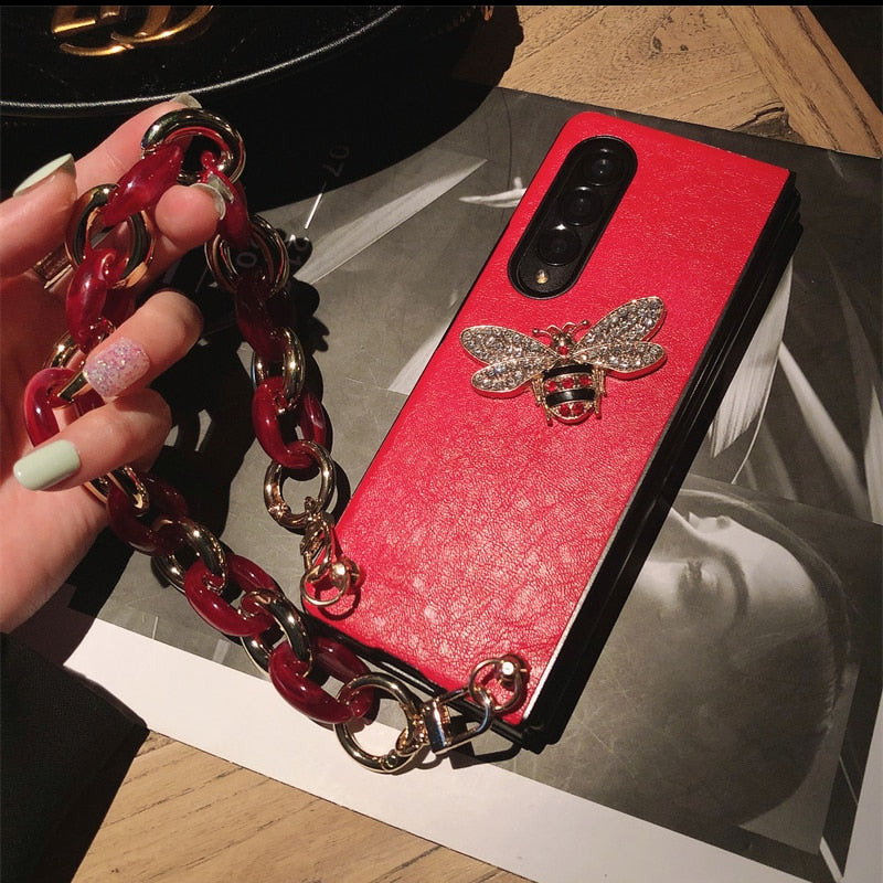 Woman Luxury Rhinestone Honeybee PU Leather Phone Case For Samsung Galaxy Z Fold 3 5G