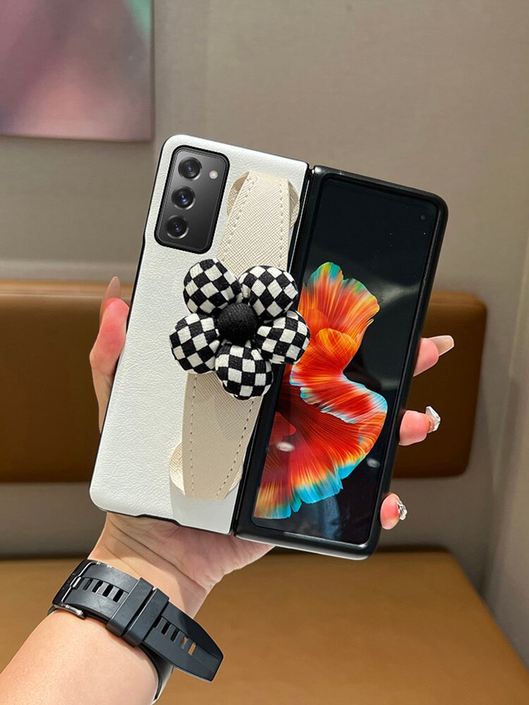 Cartoon Sweet Rabbit Bear White Leather Case With Wristband For Samsung Galaxy Z Fold 3 5G,