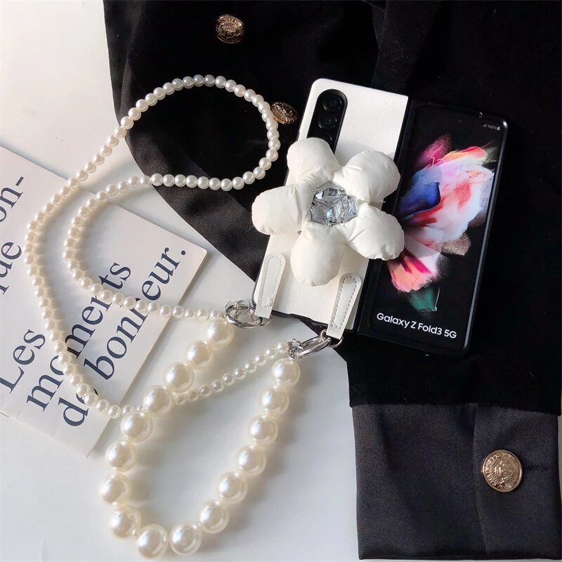 Cartoon Sweet Rabbit Bear White Leather Case With Wristband For Samsung Galaxy Z Fold 3 5G,