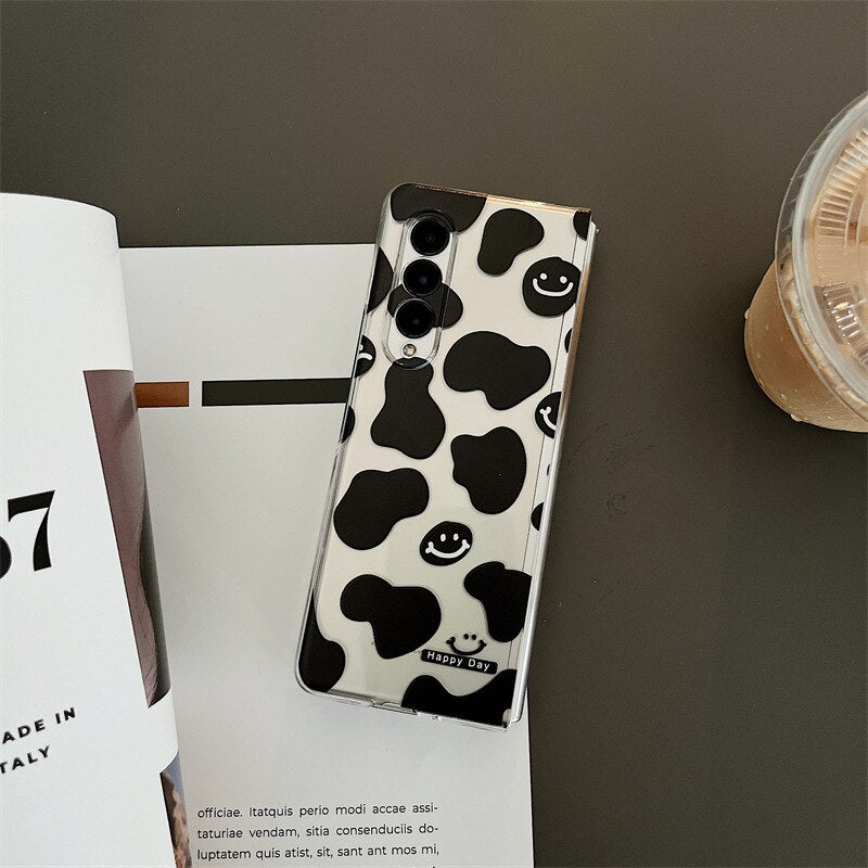 Cartoon Smiling Face Phone Stand Milk Cow Case for Samsung Galaxy Z Fold 3