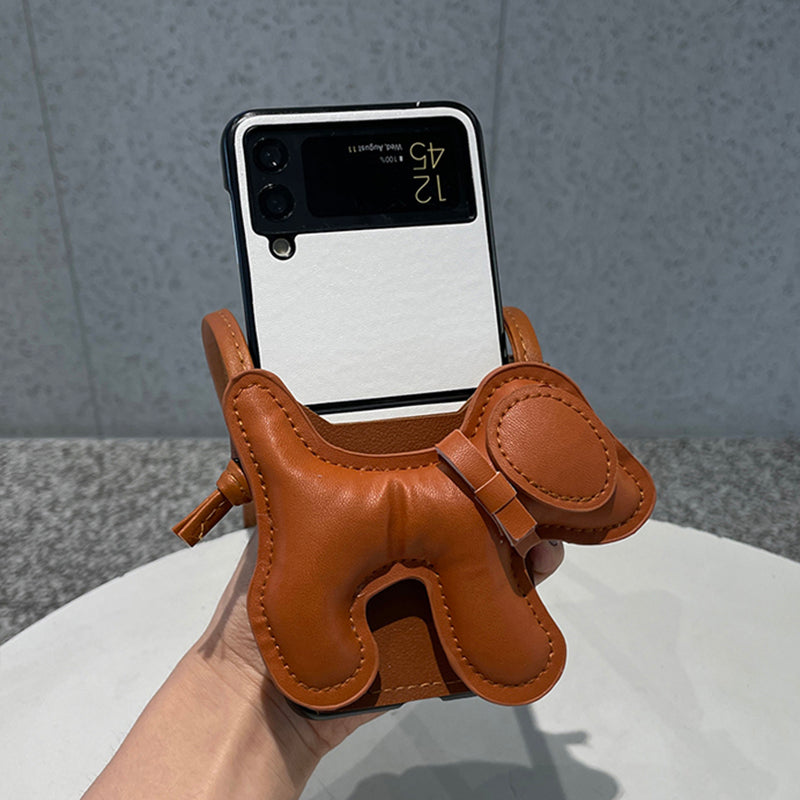 Cute 3D Dog Card Holder PU Leather Phone Case For Samsung Galaxy Z Flip 3 5G Cover with Crossbody Rope