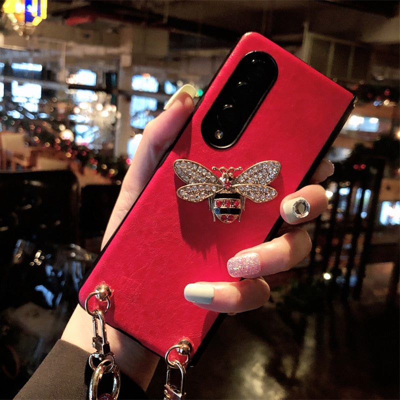 Woman Luxury Rhinestone Honeybee PU Leather Phone Case For Samsung Galaxy Z Fold 3 5G