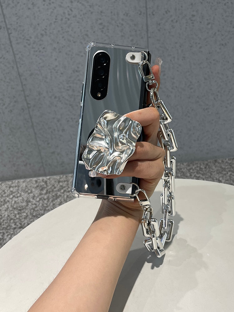 Luxury Mirror Shockproof Case With Silver Wrinkle Holder And Bracelet Chain For Samsung Galaxy Z Fold 3 5G