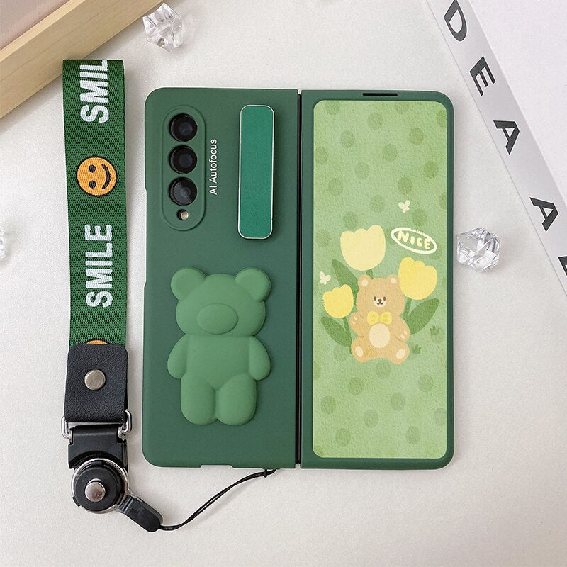 Cute Bear Metal Folding Holder Strap Phone case For Samsung Galaxy Z Fold 3