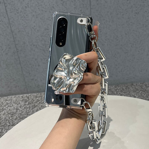 Luxury Mirror Shockproof Case With Silver Wrinkle Holder And Bracelet Chain For Samsung Galaxy Z Fold 3 5G