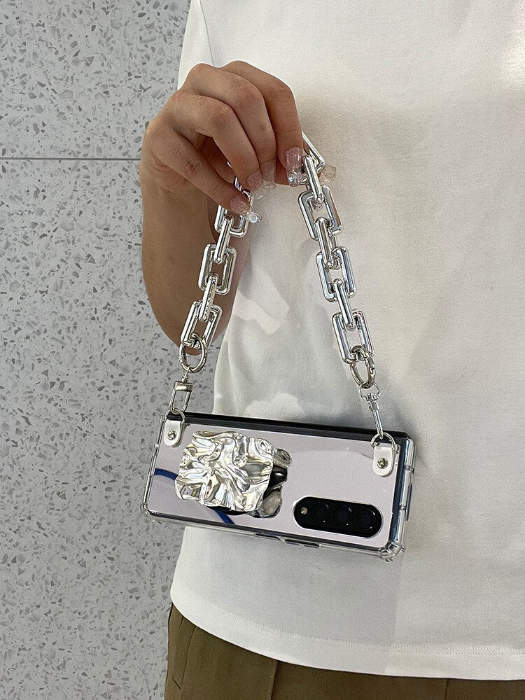 Luxury Mirror Shockproof Case With Silver Wrinkle Holder And Bracelet Chain For Samsung Galaxy Z Fold 3 5G