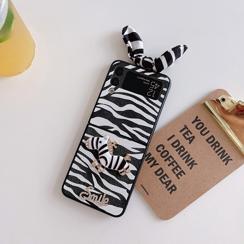 Cute 3D Bling Rhinestone Zebra Phone Case For Samsung Galaxy Z Flip 3 5G Back Cover with Bow Ear