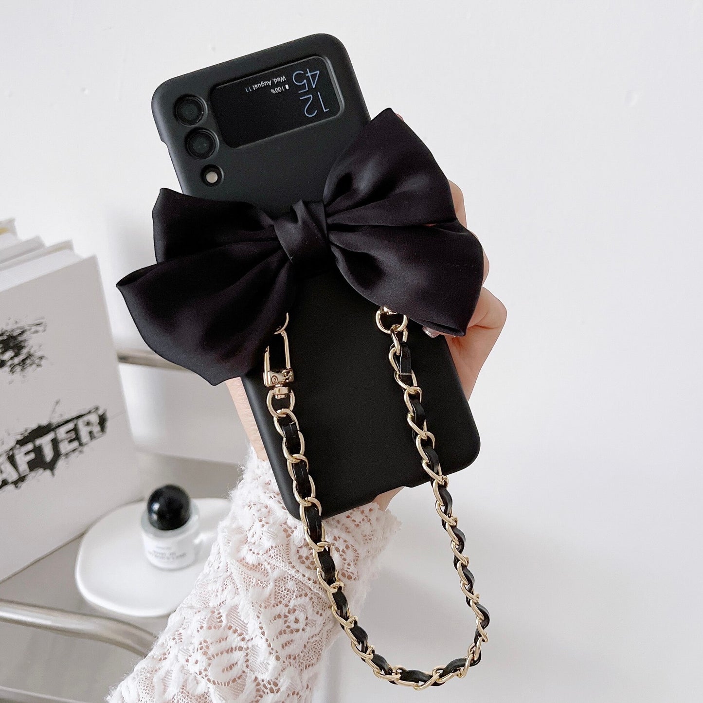 Korean 3D Leather Bow Lanyard Necklace Strap Hard Phone Case For Samsung Galaxy Z Flip3 5G