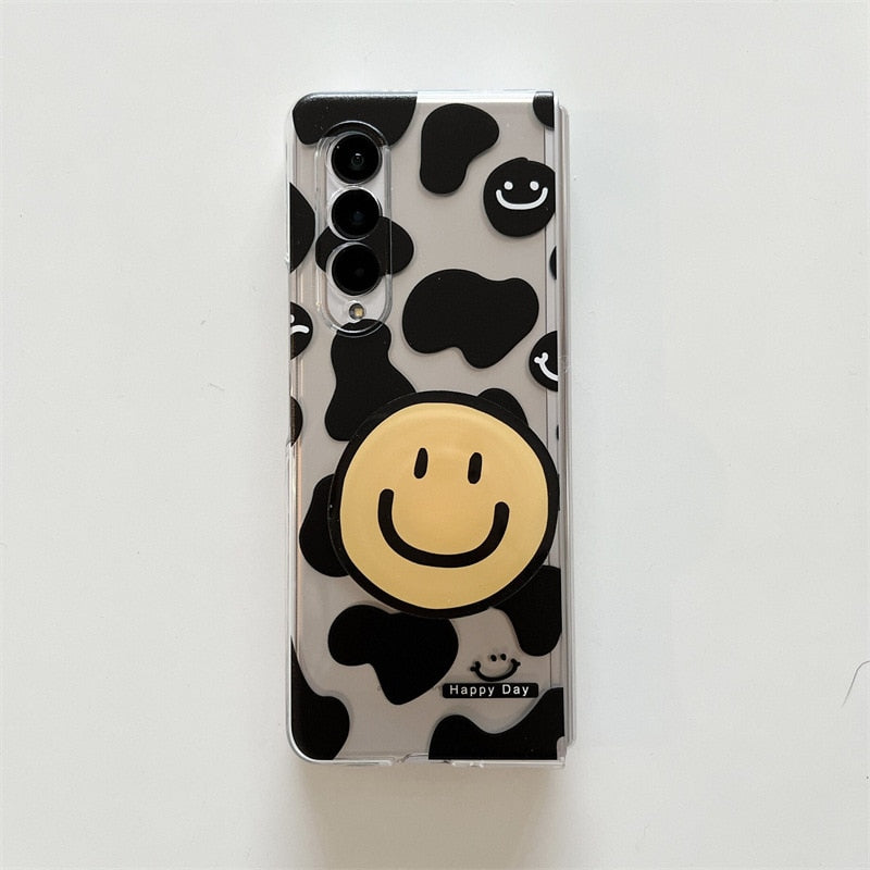 Cartoon Smiling Face Phone Stand Milk Cow Case for Samsung Galaxy Z Fold 3