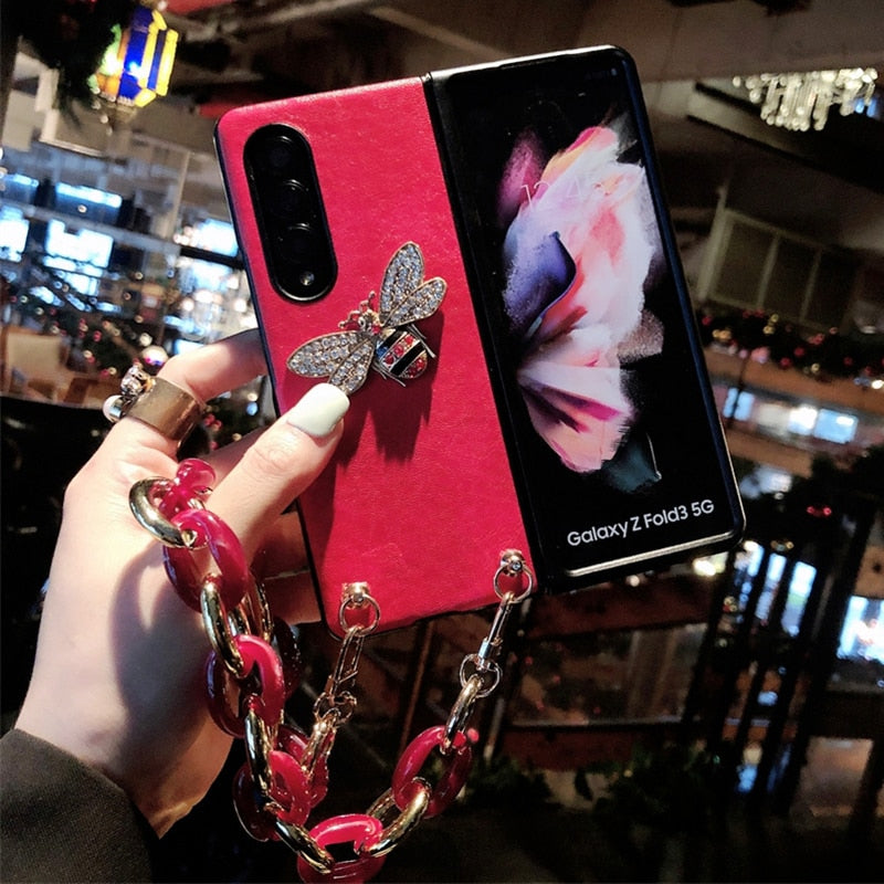 Woman Luxury Rhinestone Honeybee PU Leather Phone Case For Samsung Galaxy Z Fold 3 5G