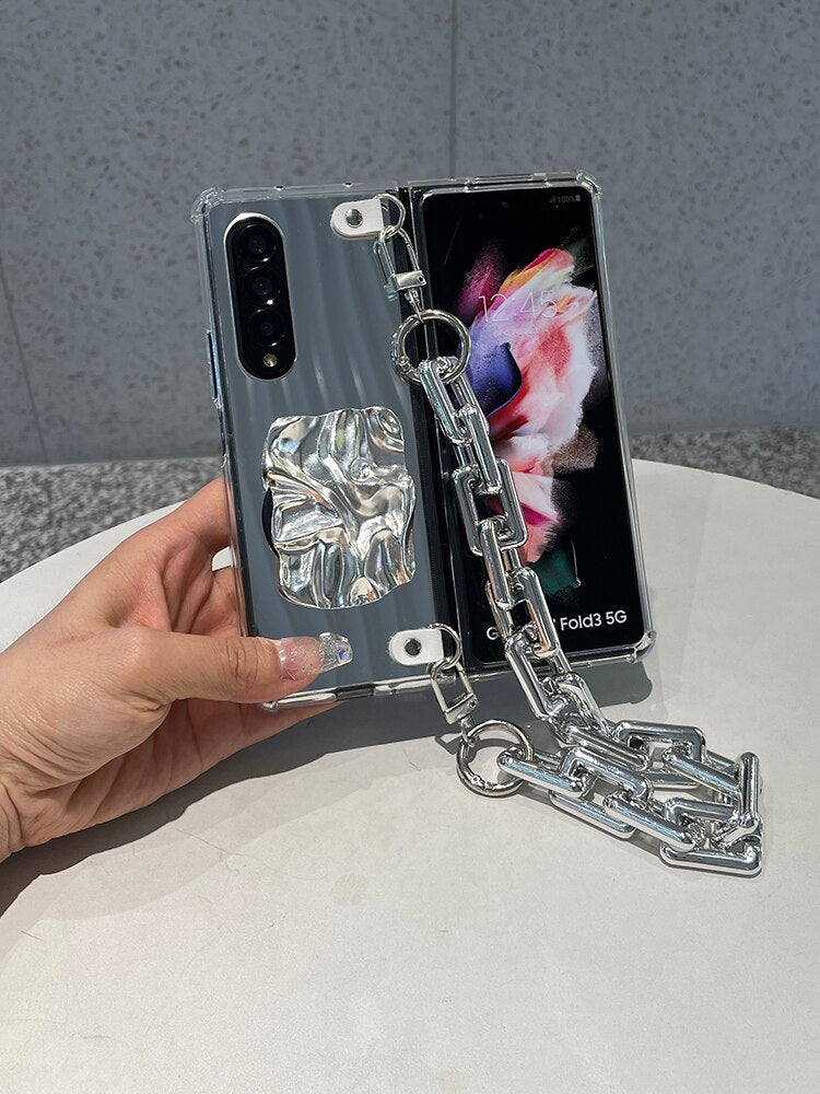 Luxury Mirror Shockproof Case With Silver Wrinkle Holder And Bracelet Chain For Samsung Galaxy Z Fold 3 5G