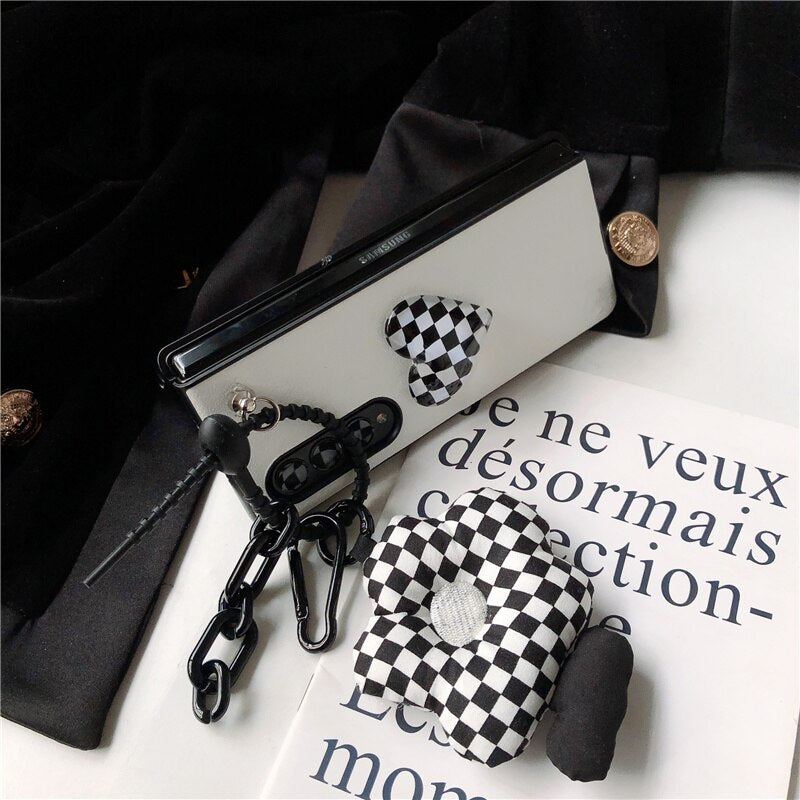 Retro Checkerboard Pattern Crystal Clear Heart PU Leather Phone Case For Samsung Galaxy Z Fold 3