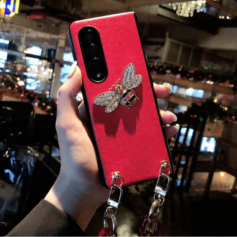 Woman Luxury Rhinestone Honeybee PU Leather Phone Case For Samsung Galaxy Z Fold 3 5G