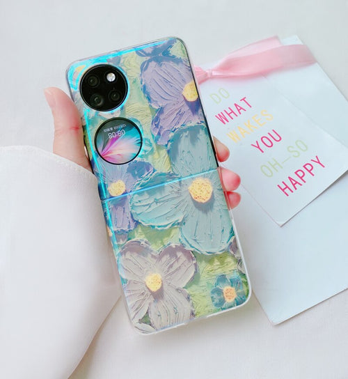 Fashion Oil Painting Flower Folding Phone Case For Huawei P50 Pocket