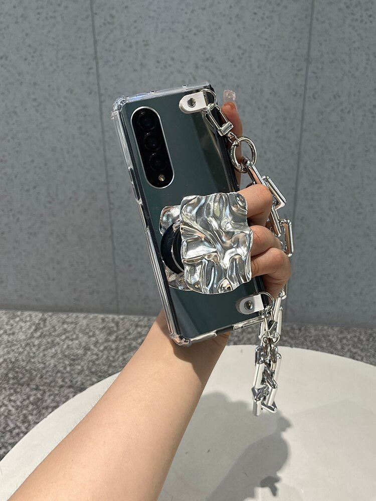 Luxury Mirror Shockproof Case With Silver Wrinkle Holder And Bracelet Chain For Samsung Galaxy Z Fold 3 5G