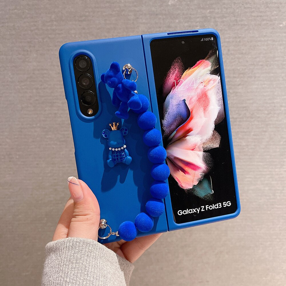 Cute 3D Crown Bear Portable Beads Bracelet Phone Case For Samsung Galaxy Z Fold 3 5G