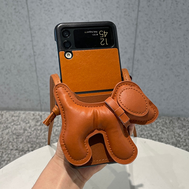 Cute 3D Dog Card Holder PU Leather Phone Case For Samsung Galaxy Z Flip 3 5G Cover with Crossbody Rope