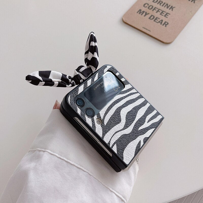 Cute 3D Bling Rhinestone Zebra Phone Case For Samsung Galaxy Z Flip 3 5G Back Cover with Bow Ear