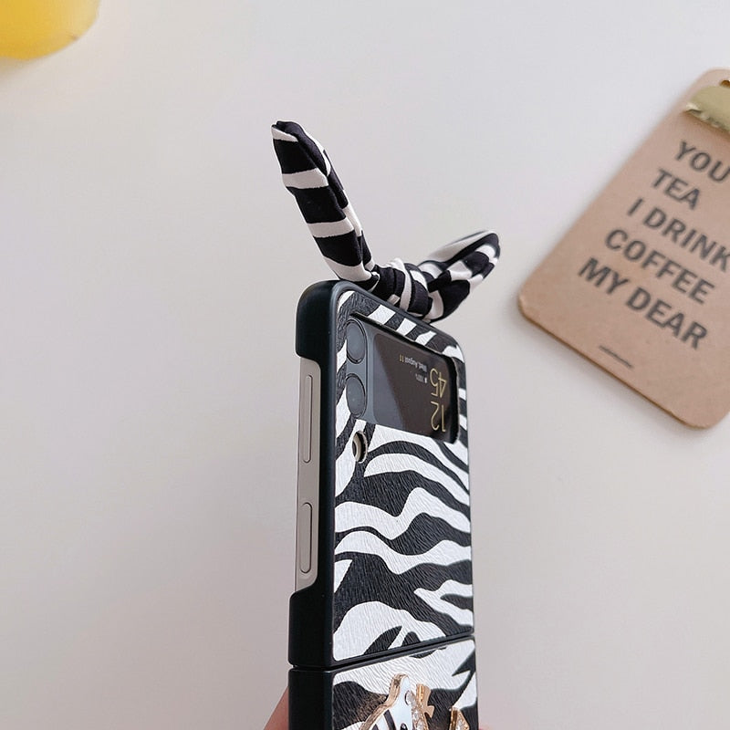 Cute 3D Bling Rhinestone Zebra Phone Case For Samsung Galaxy Z Flip 3 5G Back Cover with Bow Ear