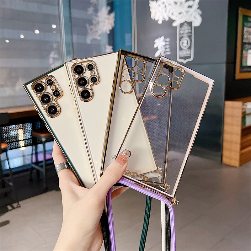 6D Plating Necklace Lanyard Strap Cord Phone Case For Samsung S22 Series