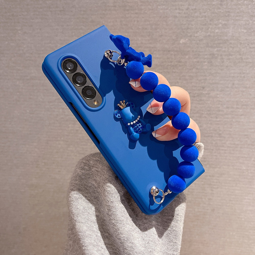 Cute 3D Crown Bear Portable Beads Bracelet Phone Case For Samsung Galaxy Z Fold 3 5G