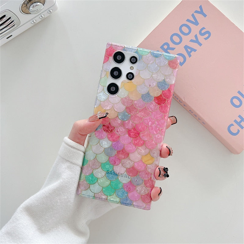 Square Colorful Fish Scales Pattern Electroplated Phone Case For Samsung S22 Series