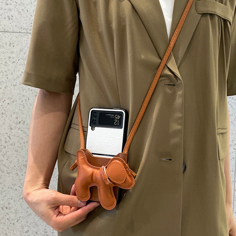 Cute 3D Dog Card Holder PU Leather Phone Case For Samsung Galaxy Z Flip 3 5G Cover with Crossbody Rope