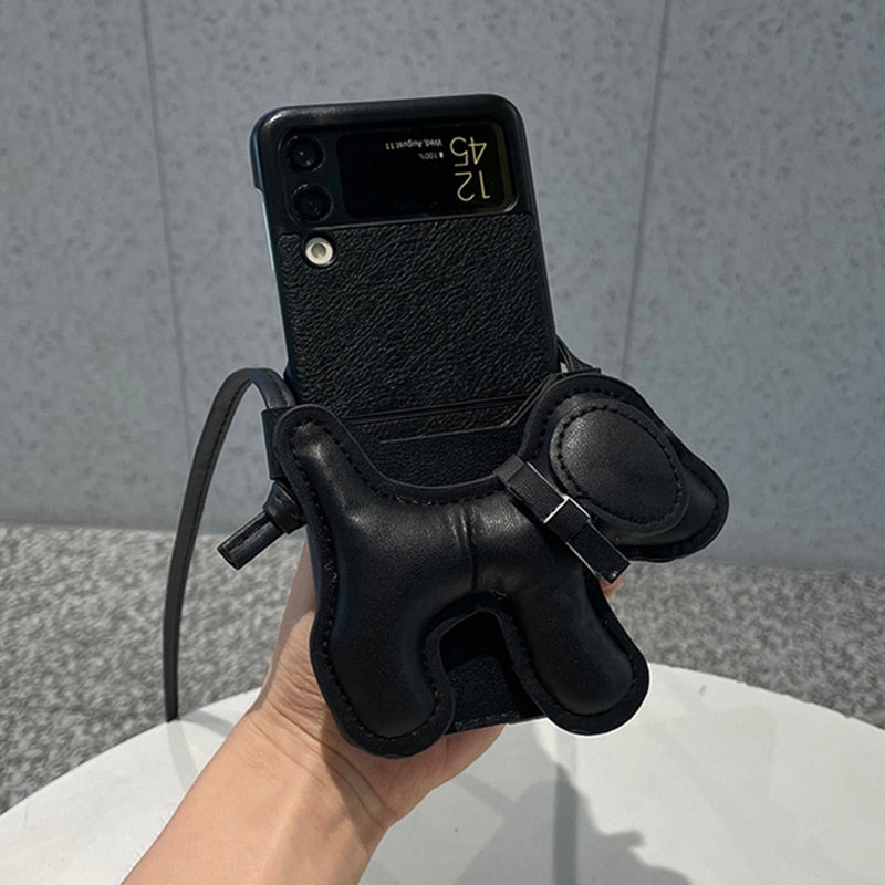 Cute 3D Dog Card Holder PU Leather Phone Case For Samsung Galaxy Z Flip 3 5G Cover with Crossbody Rope
